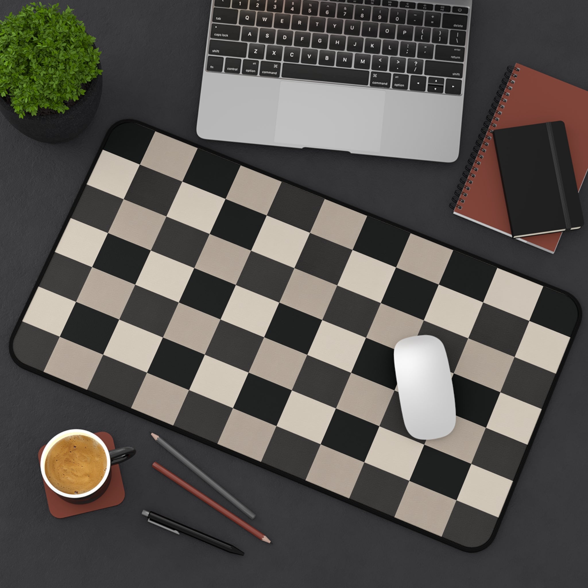 Neutral Checker Neoprene desk mat with clean, modern design - Desk and Device