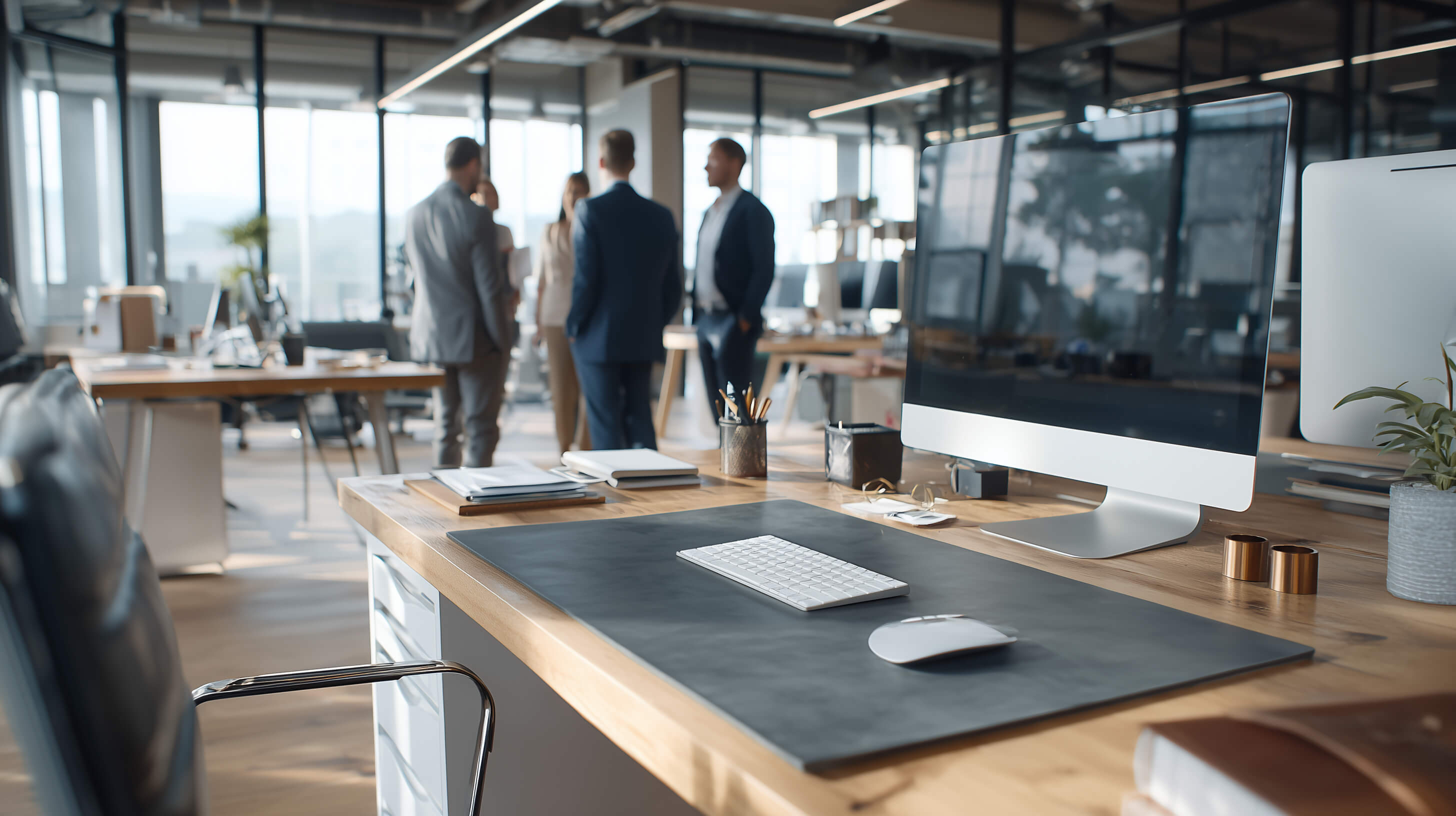Modern office workspace with a desk, computer monitors, and people in the background - Desk and Device