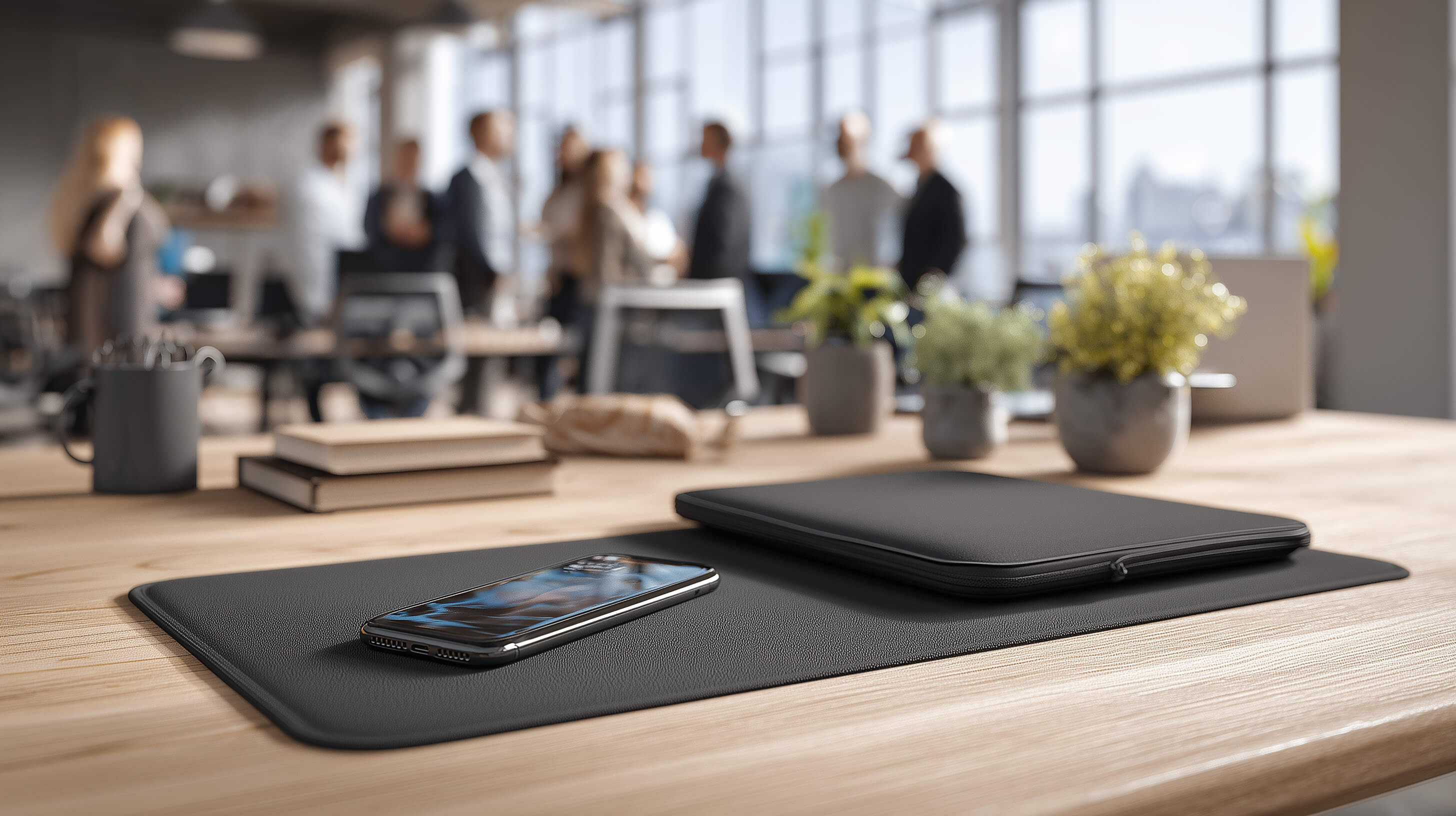 Black desk mat with phone and Laptop on a wooden desk in an office setting - Desk and Device