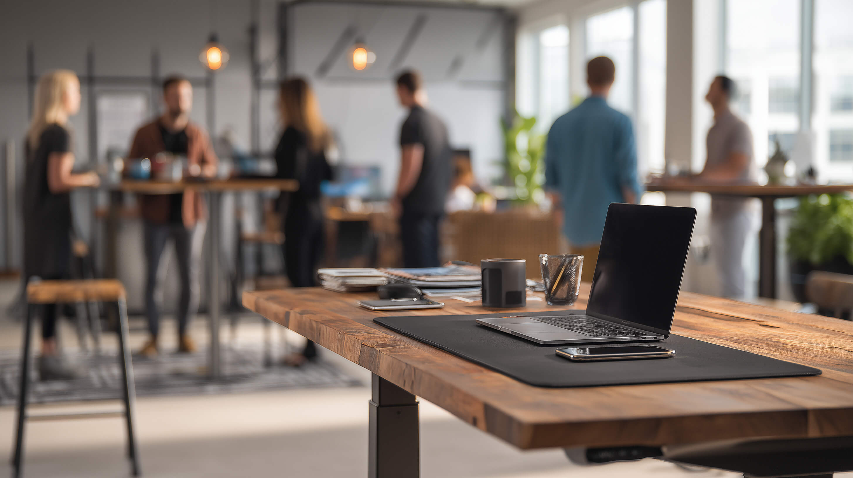 Laptop on a wooden desk with a blurred office background - Desk and Device