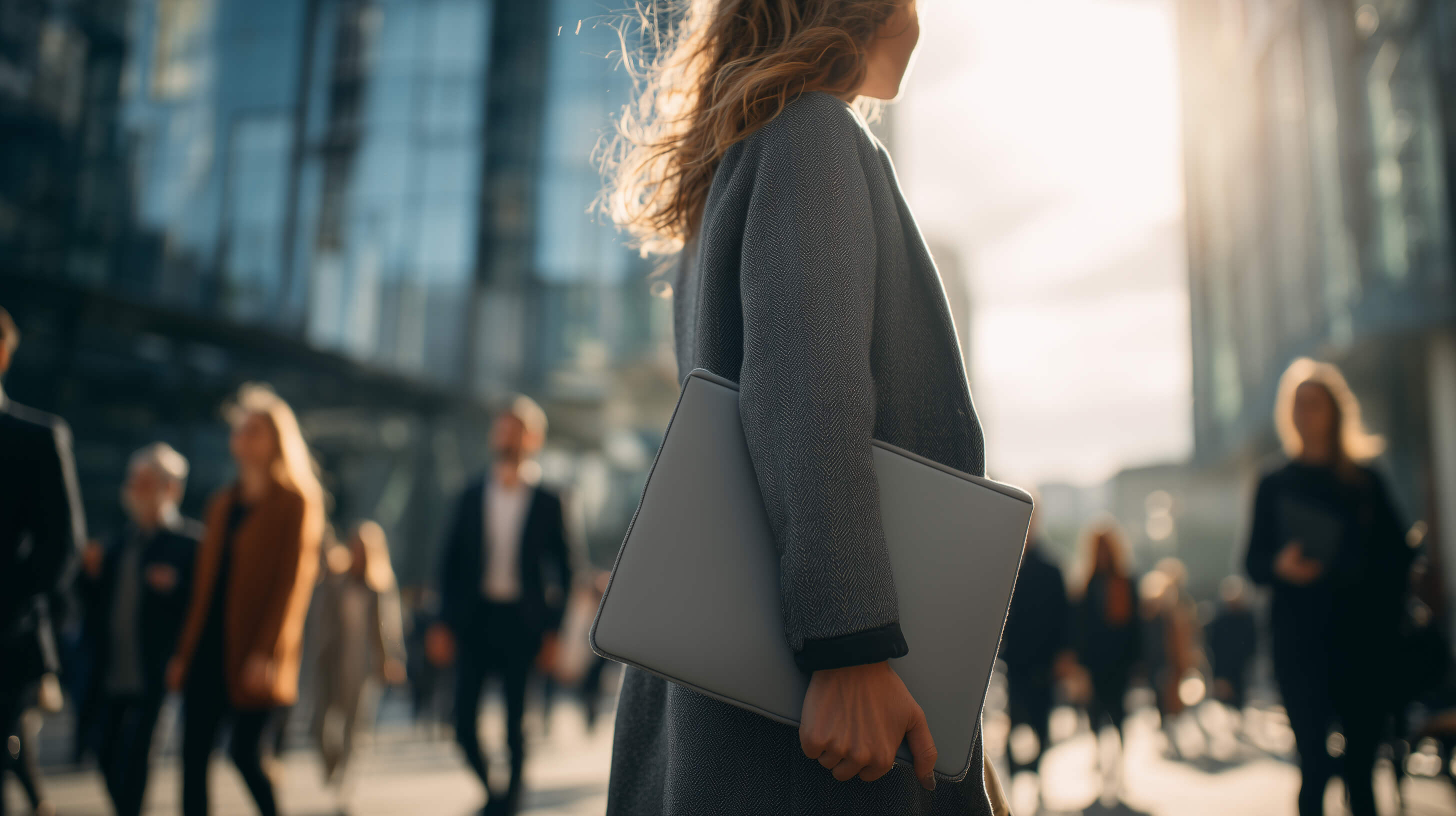 Woman holding a laptop sleeve in a busy urban setting - Desk and Design