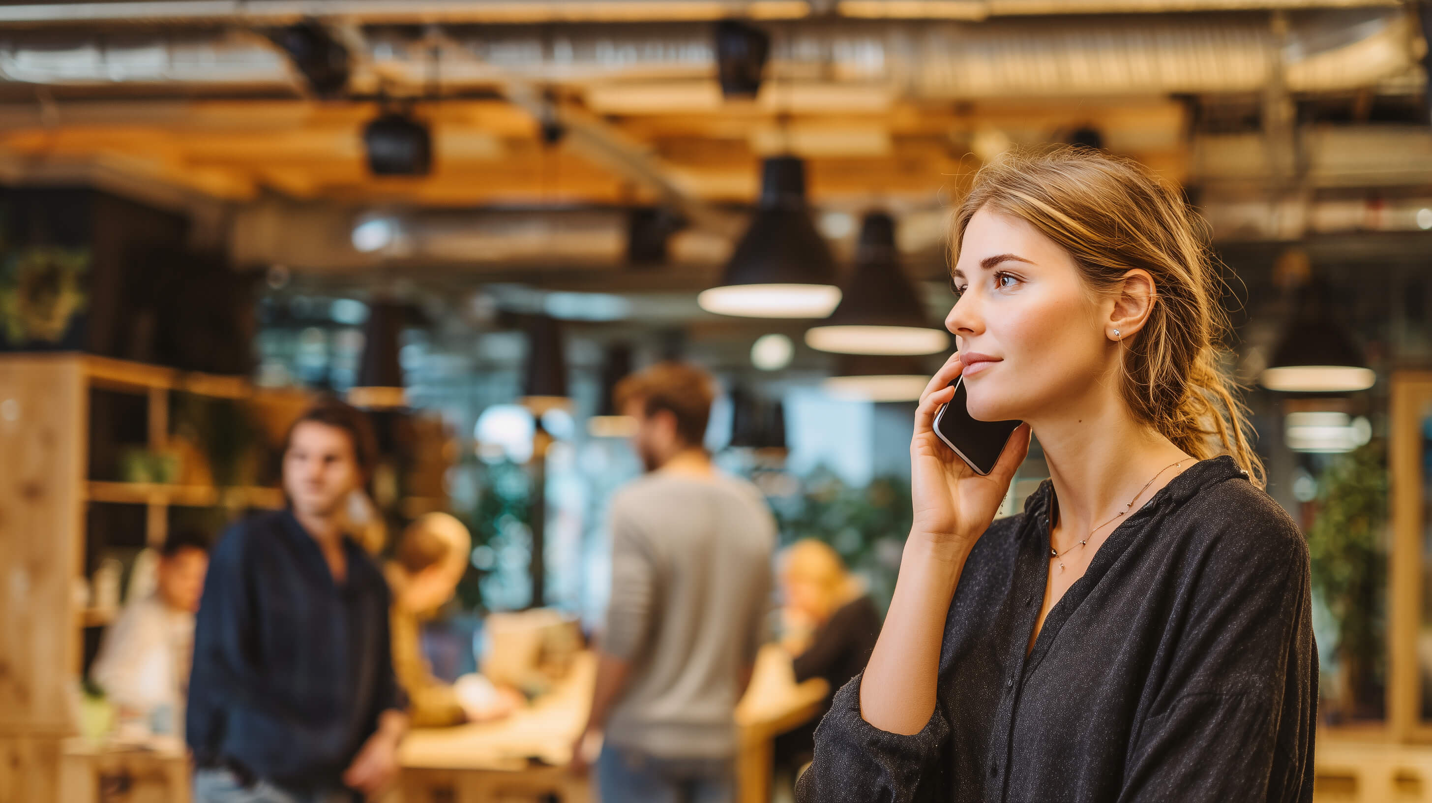 Woman talking on a phone in an office setting with blurred background - Desk and Device
