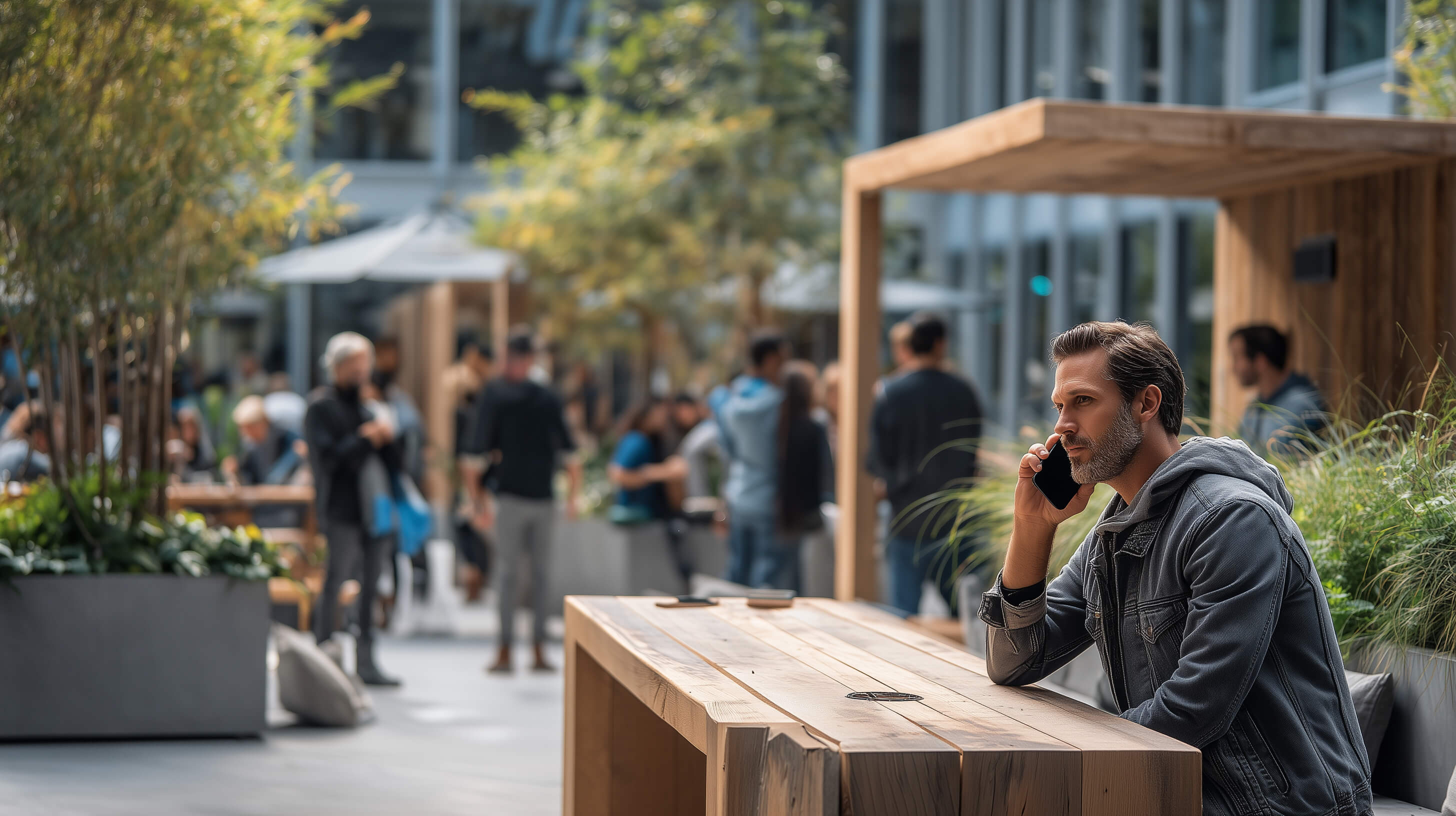 Man sitting at a wooden table outdoors, talking on a phone, with a busy street in the background - Desk and Device