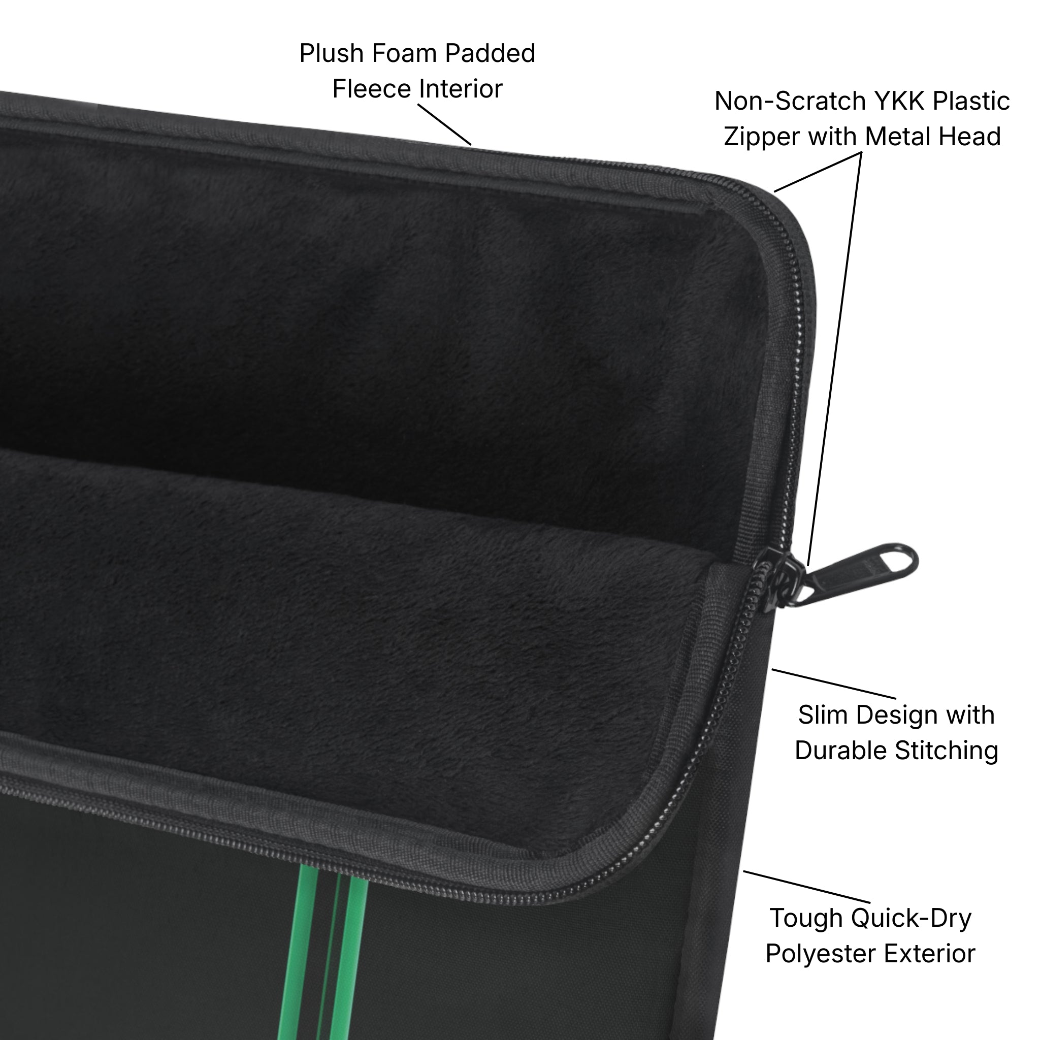 Green Stripe Padded Laptop Sleeve Diagram - Product Page - Desk and Device