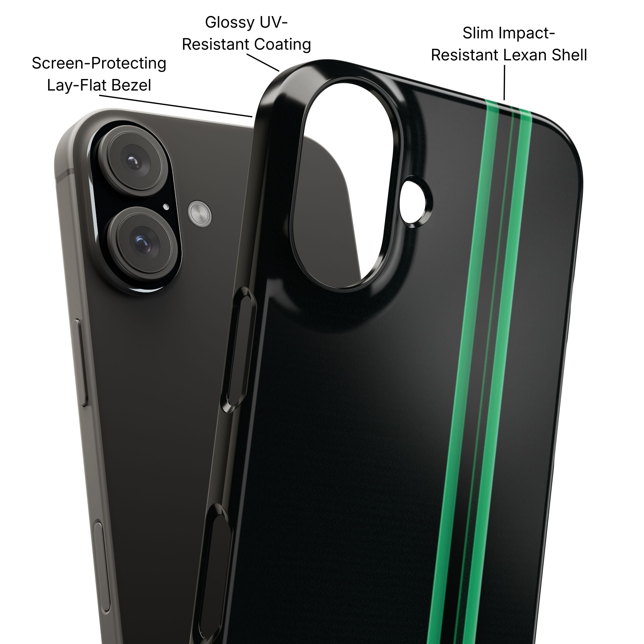 Green Stripe Slim Phone Case Product Diagram - Product Page - Desk and Device