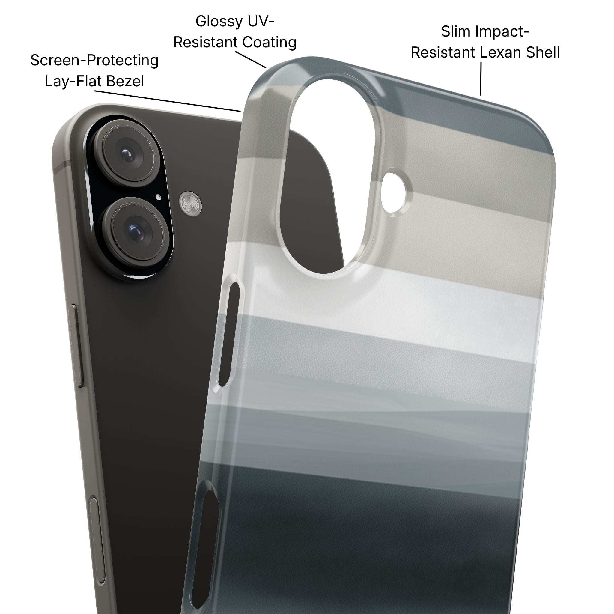 Muted Horizon Slim Phone Case Product Diagram - Product Page - Desk and Device