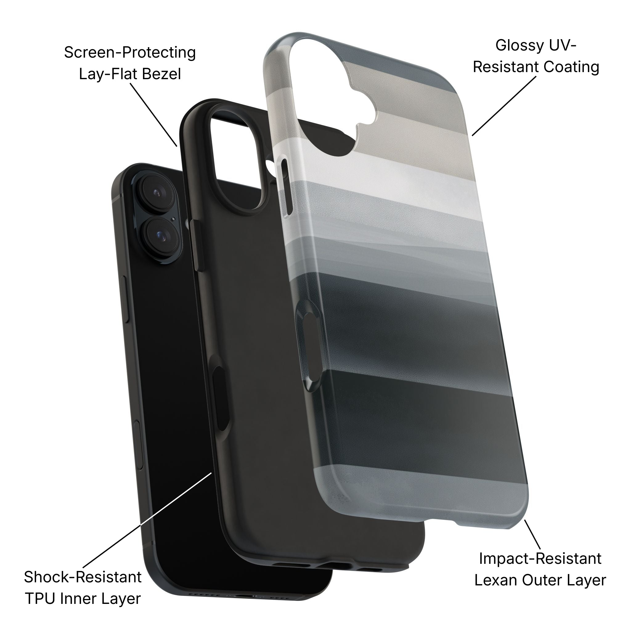 Muted Horizon Tough Phone Case Product Diagram - Product Page - Desk and Device
