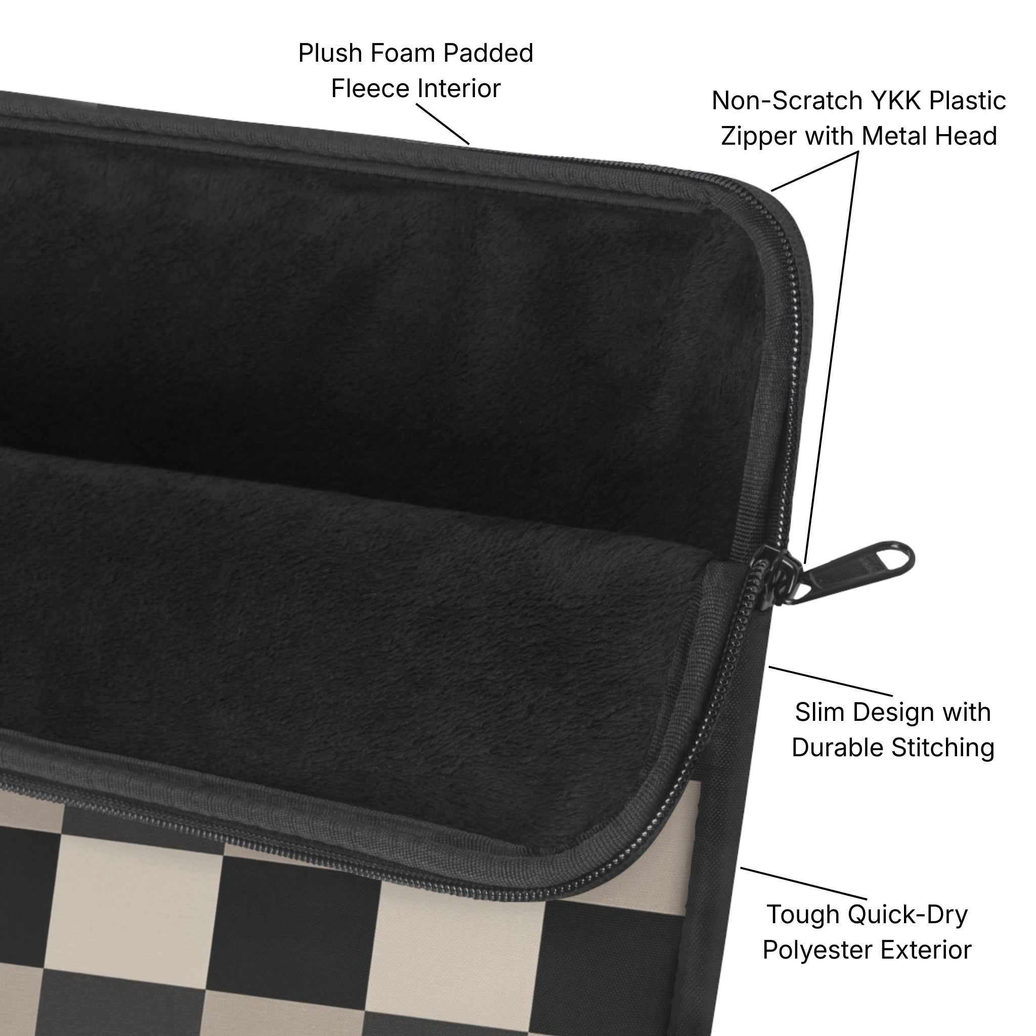 Neutral Checker Padded Laptop Sleeve Diagram - Product Page - Desk and Device