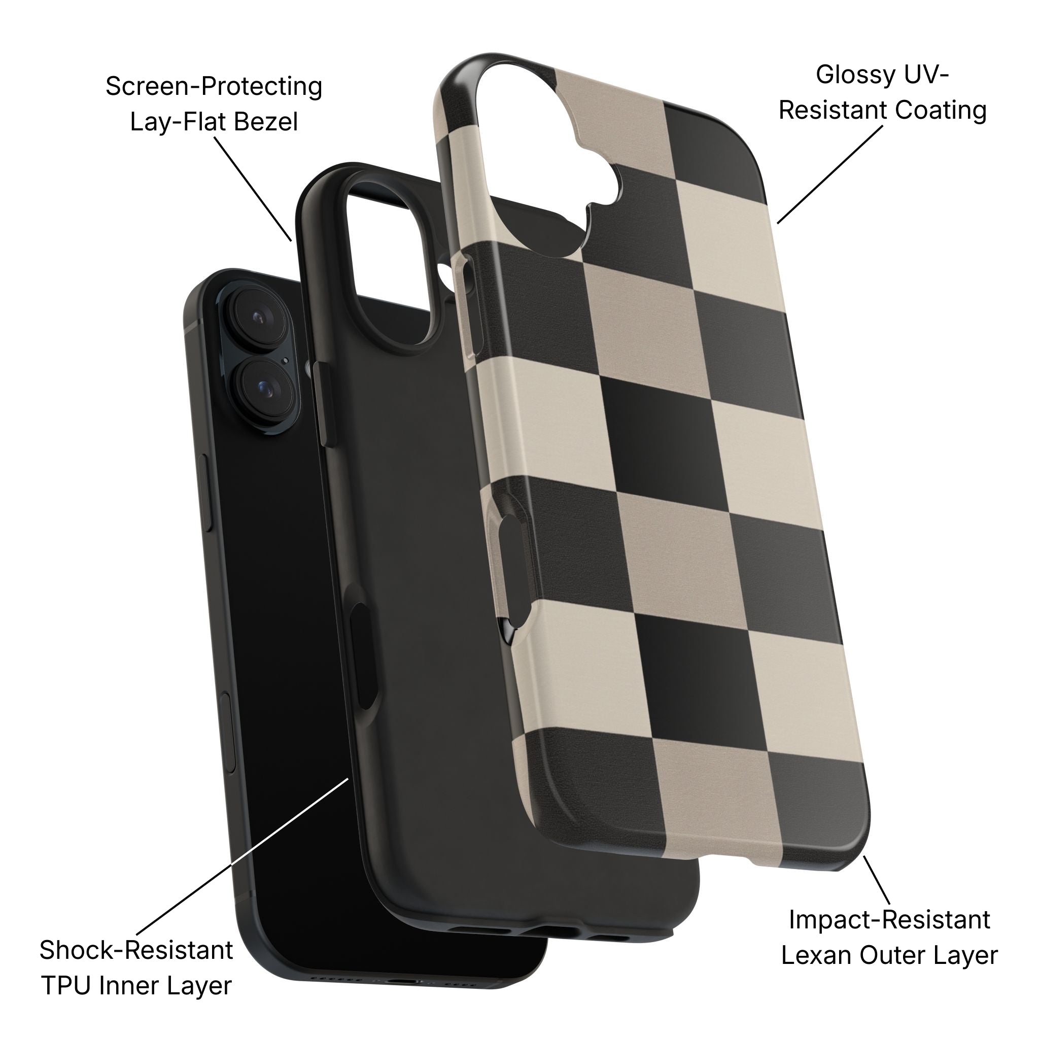 Neutral Checker Tough Phone Case Product Diagram - Product Page - Desk and Device
