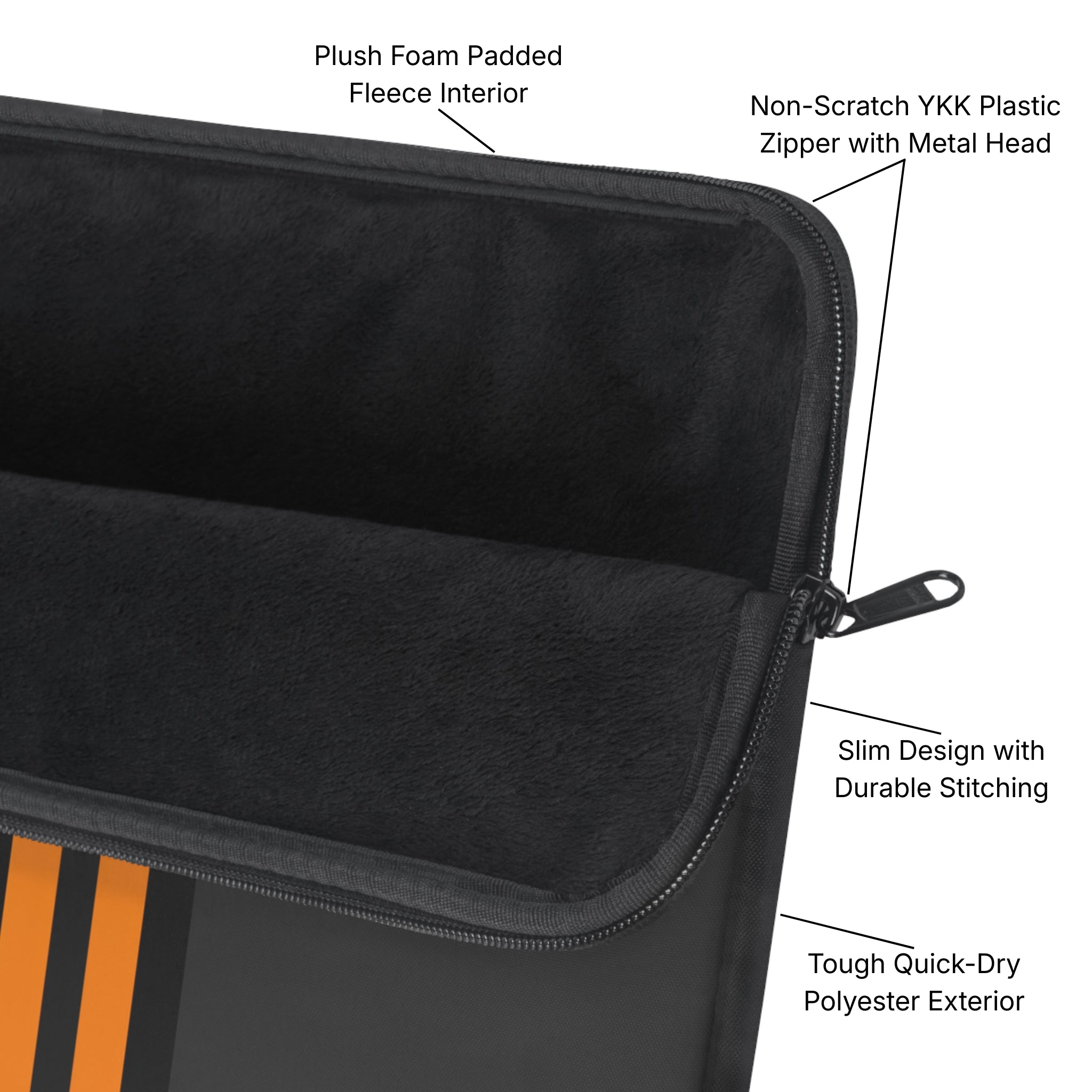 Orange Stripe Padded Laptop Sleeve Diagram - Product Page - Desk and Device