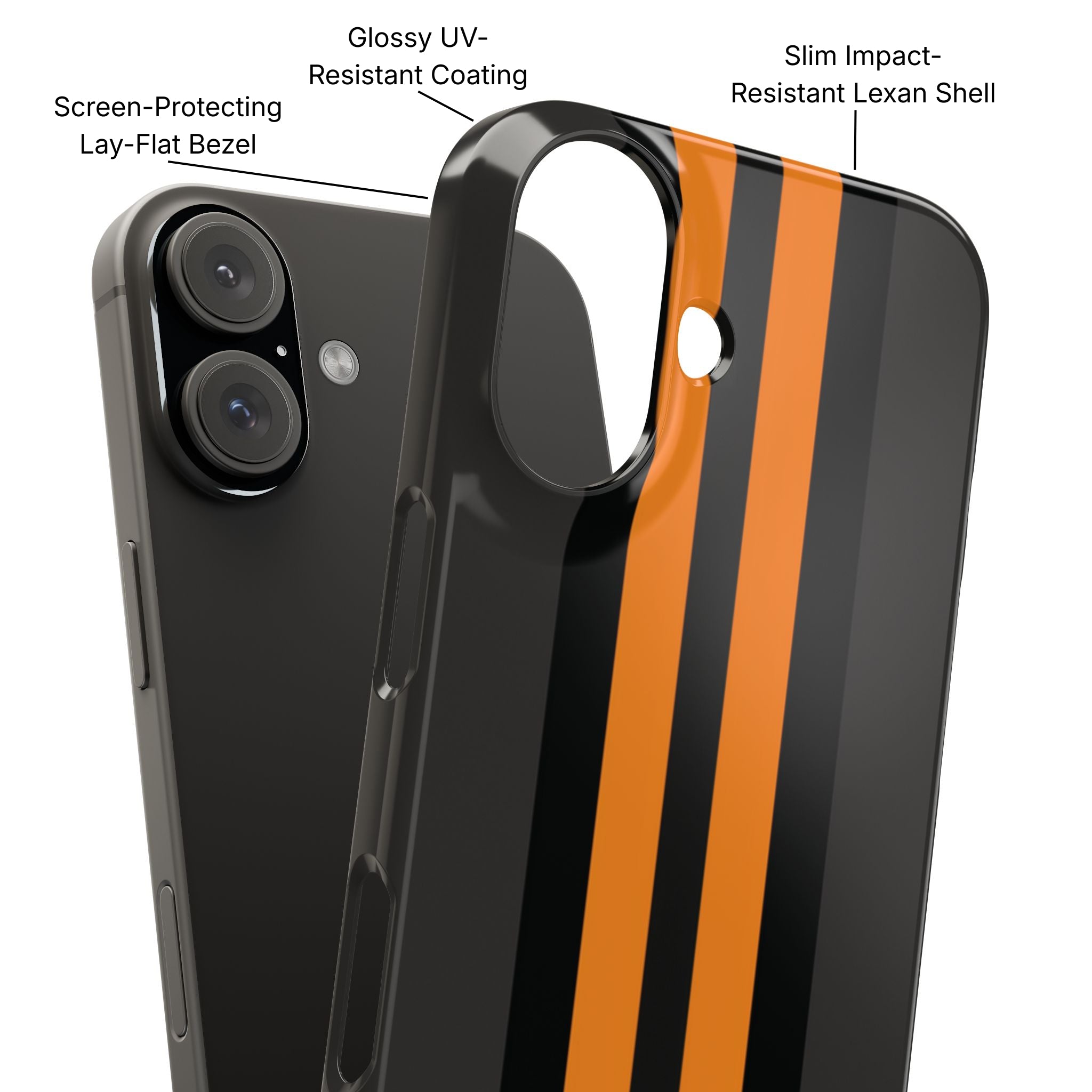 Orange Stripe Slim Phone Case Product Diagram - Product Page - Desk and Device