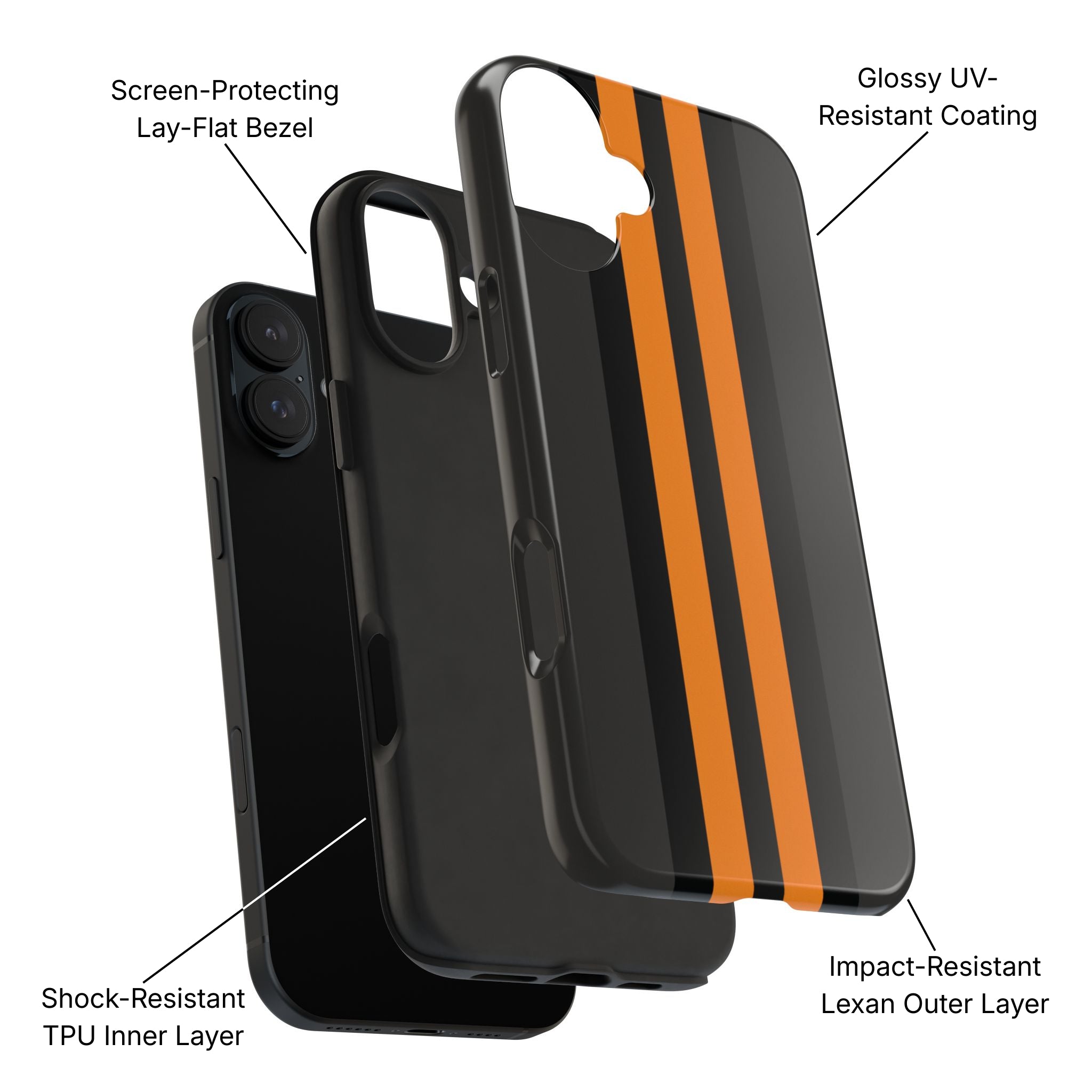 Orange Stripe Tough Phone Case Product Diagram - Product Page - Desk and Device
