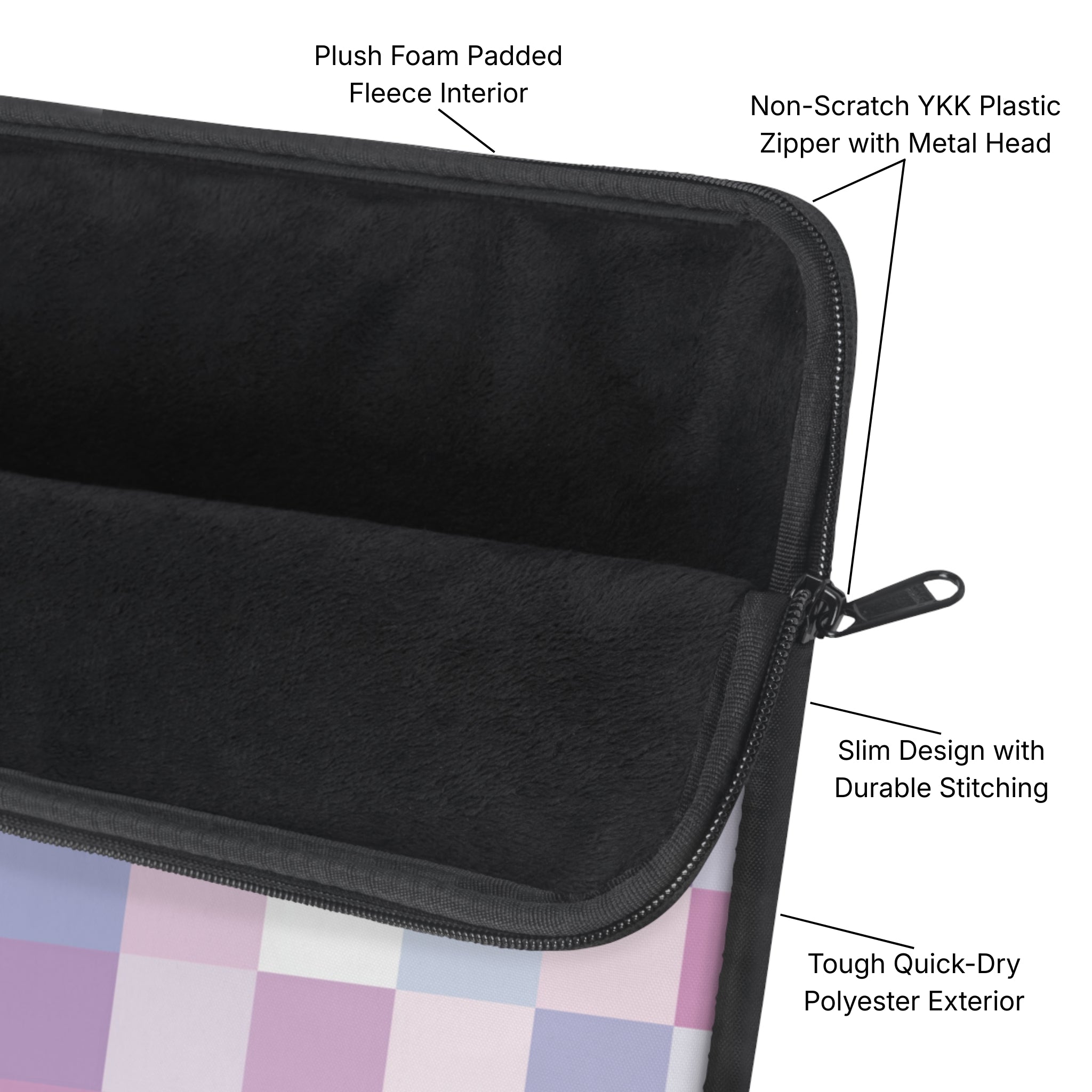 Pastel Checker Padded Laptop Sleeve Diagram - Product Page - Desk and Device
