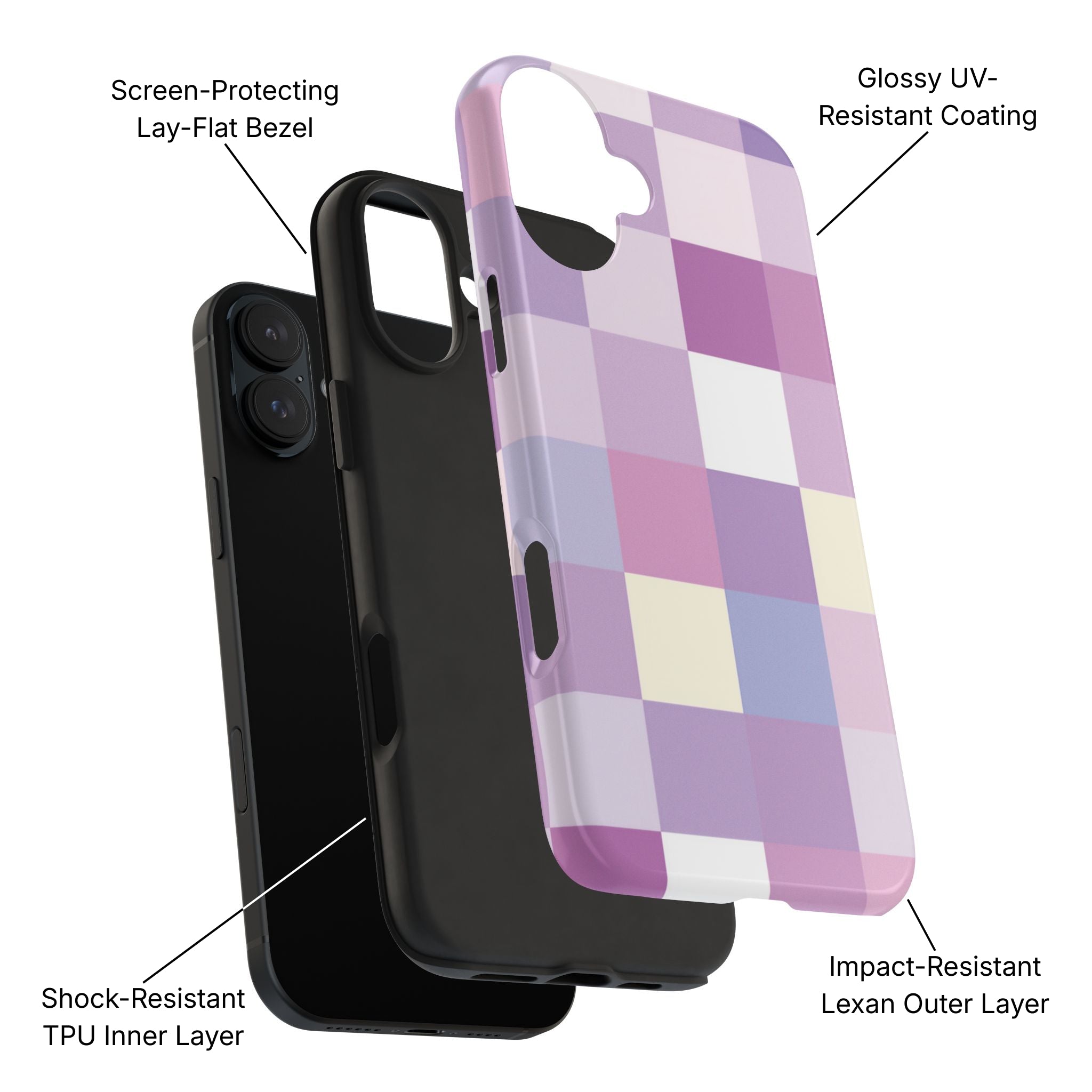 Pastel Checker Tough Phone Case Product Diagram - Product Page - Desk and Device